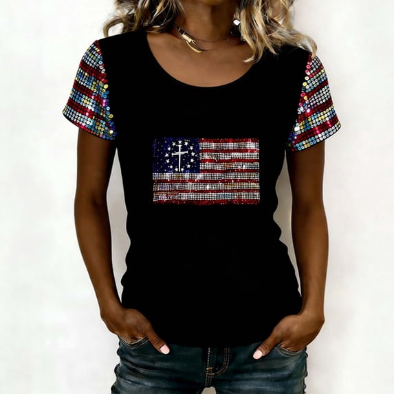 DGMIOCS 4th of July Outfits for Women Crew Neck Patriotic Tops Short Sleeve Summer T-Shirt Black XL