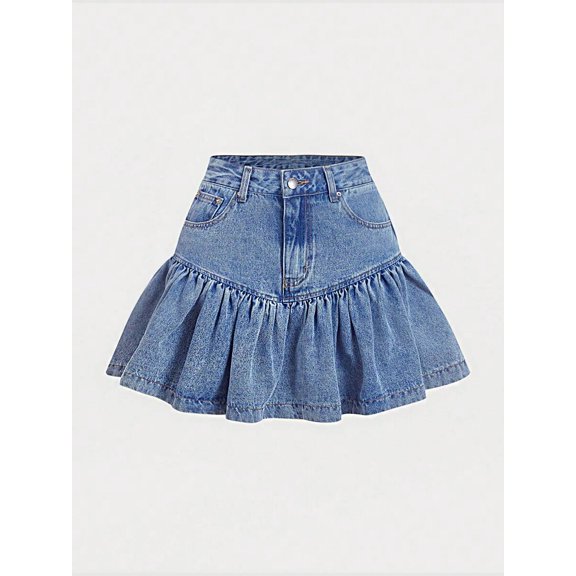 Women Blue Denim A-Line Mini Skirt With Ruffle Hem