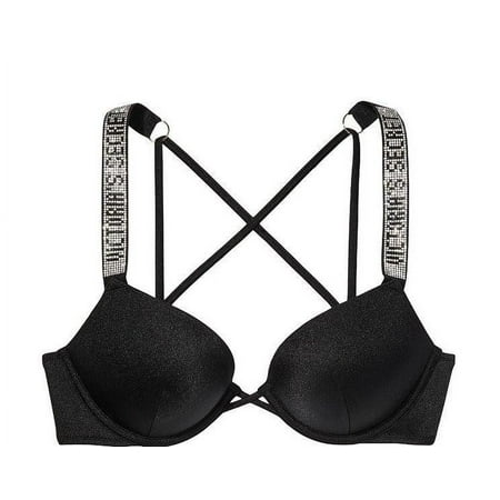 

38C New Victoria s Secret Shine Strap BOMBSHELL Add 2 cups Swimsuit Black Bikini Swim Top