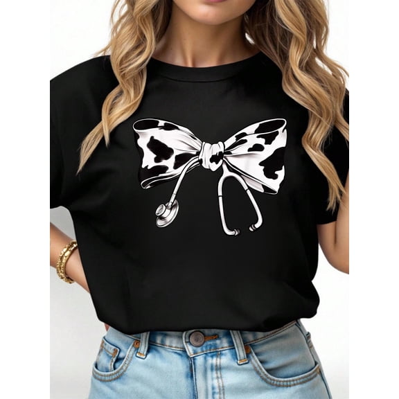 Cow Print Bow and Stethoscope Nurse RN Graduation Coquette T-Shirt