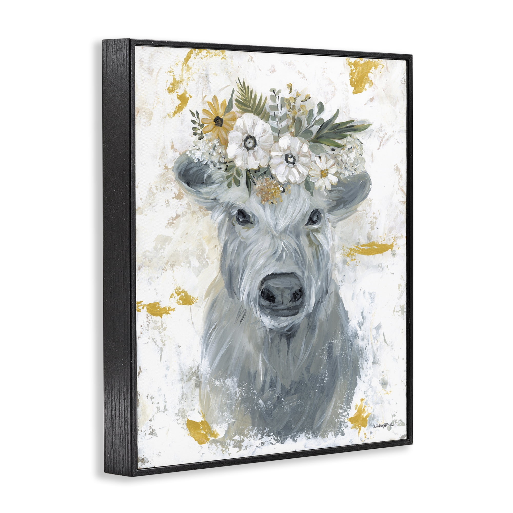 Stupell Industries Grey Cattle with Flowers Animals & Insects Painting Black Framed Art Print Wall Art, 11 x 14