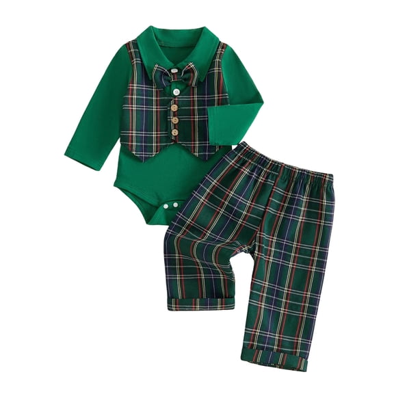 Quealent Newborn Baby Boy Clothes Suit Fake Two Piece Romper Pant Sets | Baby Boy Suits,Infant Boy Formal Dress Clothes (Green, 12-18 Months)