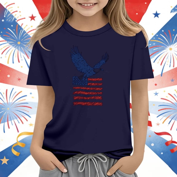 Boys & Girls 2-14Y Loose Crew Neck Short Sleeve Tee Casual 2026 Summer Independence Day Graphic Navy 13-14 Years