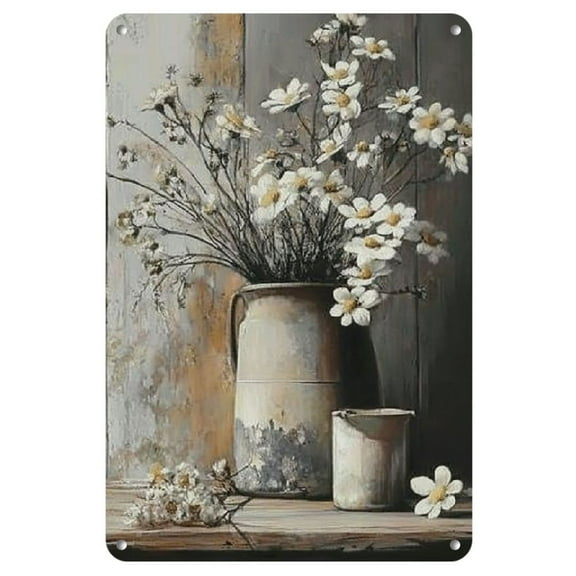 Rustic Vintage Floral Metal Wall Art Sign - Shabby Chic Decor with Aged Pitcher & Flowers | Pre-Drilled for Easy Hanging | Perfect for Home, Bar, Cafe, or Garden | 8x12 Inches