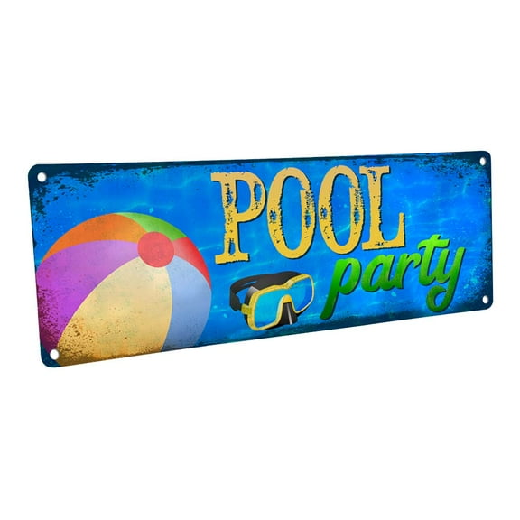 Pool Party Blue Water 4"x12" Metal Sign, Wall Décor for Porch, Patio, and Deck