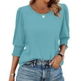 thumbnail image 4 of bbyeadc Womens Summer T-Shirts 2025 Round Neck Puff Cuff Pleated Shirts Three Quarter Sleeve Dressy Casual Loose Fit Trendy T-Shirt Blouses Summer Solid Business Tshirts Clothes, Cyan 2XL, 4 of 7