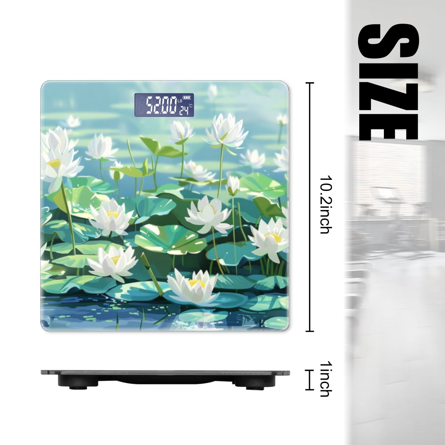 High Precision Body Weight Scale Smart Bathroom Scales with Large LCD Display(400lbs),Decorative for Bedroom-White Lotus Flowers And Green Leaves On The Water Surface