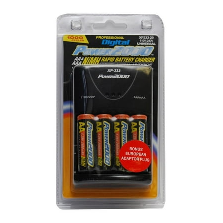 Power2000 XP-333 Rapid AA AAA Battery Charger Set with 4 2900mah AA NiMH Batteries, Includes worldwide compatible battery recharger By