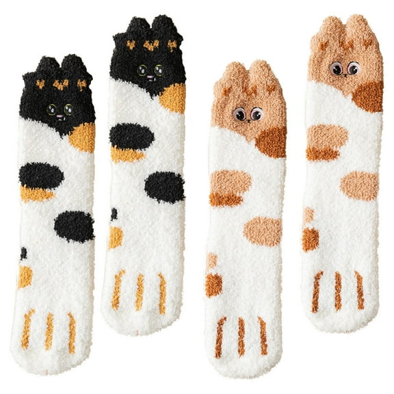 WEUVEB Girls Winter Socks with Cat Pattern, White Polyester Midcalf Stockings, 2 Pairs for Cold Weather