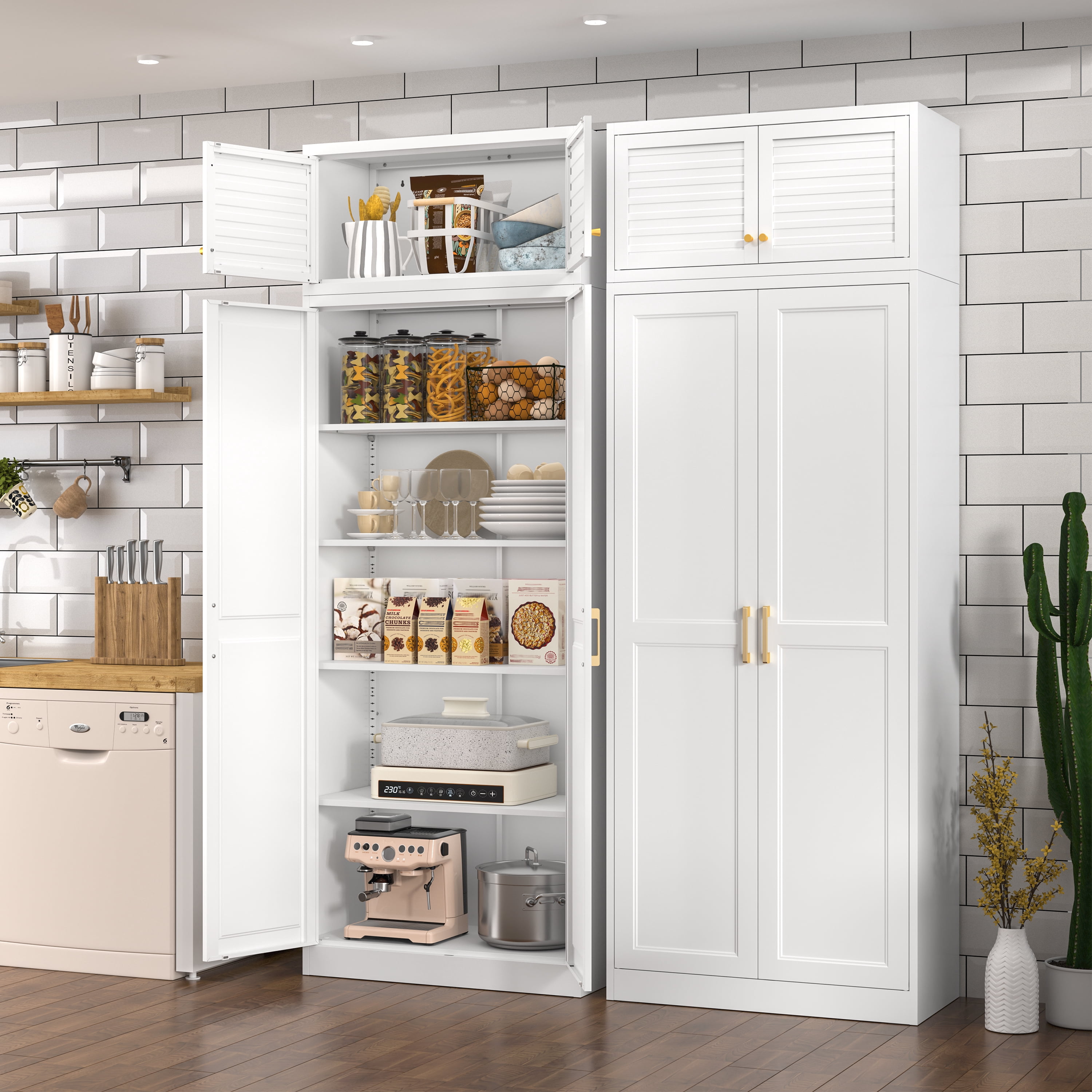 Polup 86" Height Modern Metal Pantry Storage Cabinet with Doors and Adjustable Shelves White for Living Room Kitchen and Home
