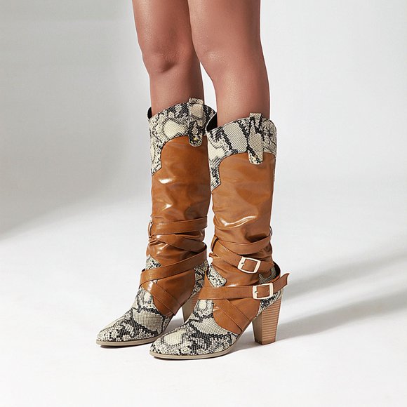 Snake Print Color Block Belt Buckle Thick High-heeled Ladies High Boots