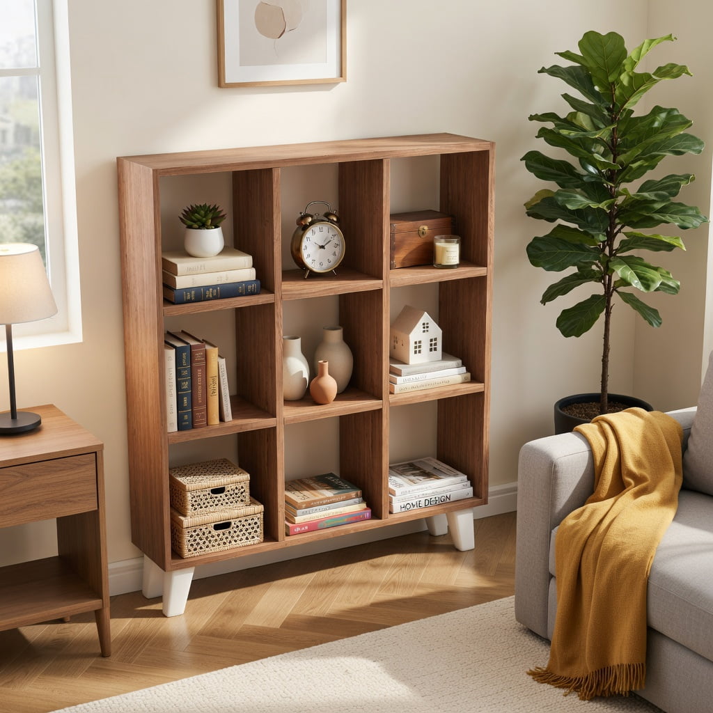 Barara King Book Shelf, Bookshelves,9-Cube Bookcase with 6 Removable Shelves and Raised Support Feet-Brown
