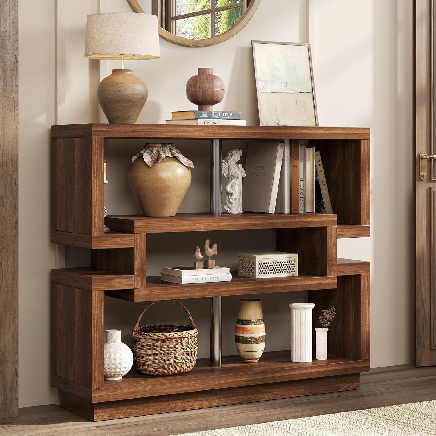 40-Inch Brown Farmhouse Console Table with 4-Tier Storage, Narrow Entryway Table for Behind Couch or Hallway