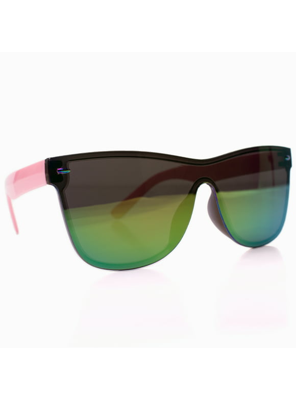 Cool Kid Wayfair Sunglasses, Pink Arms, Green Pink Yellow Gradient Rimless Lens