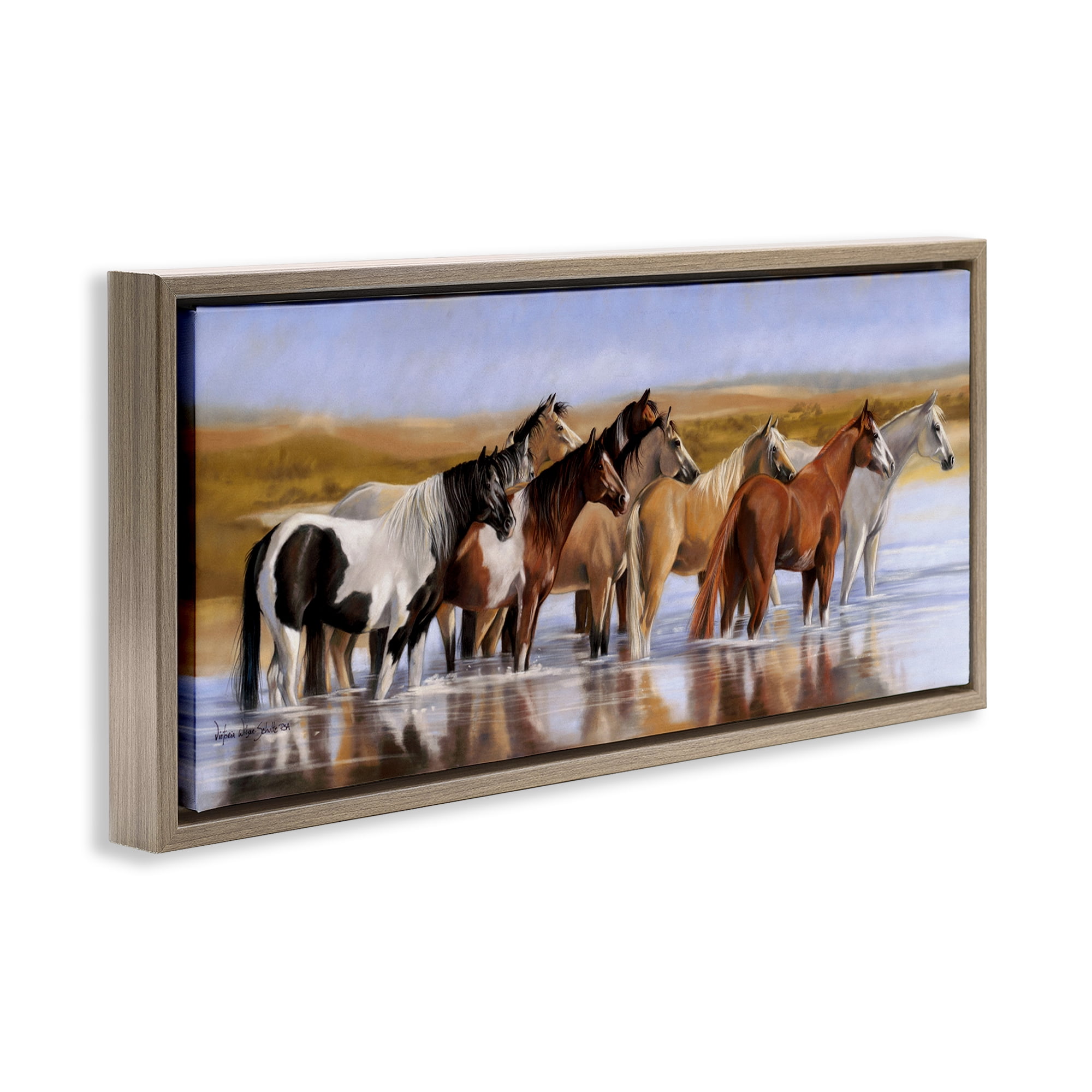 Stupell Industries Horse Herd in River Animals & Insects Painting Brown Floater Framed Canvas Art Print Wall Art, 25 x 11