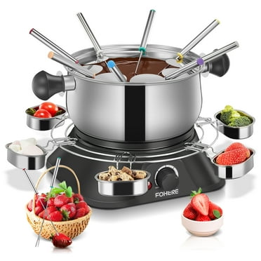FOHERE Electric Fondue Set with 1500W Power Temperature Control for Cheese,Chocolate,Oil and Broth, 2L Non-Stick Electric Fondue Pot with 8 pcs Forks,6 pcs Cups, Silver