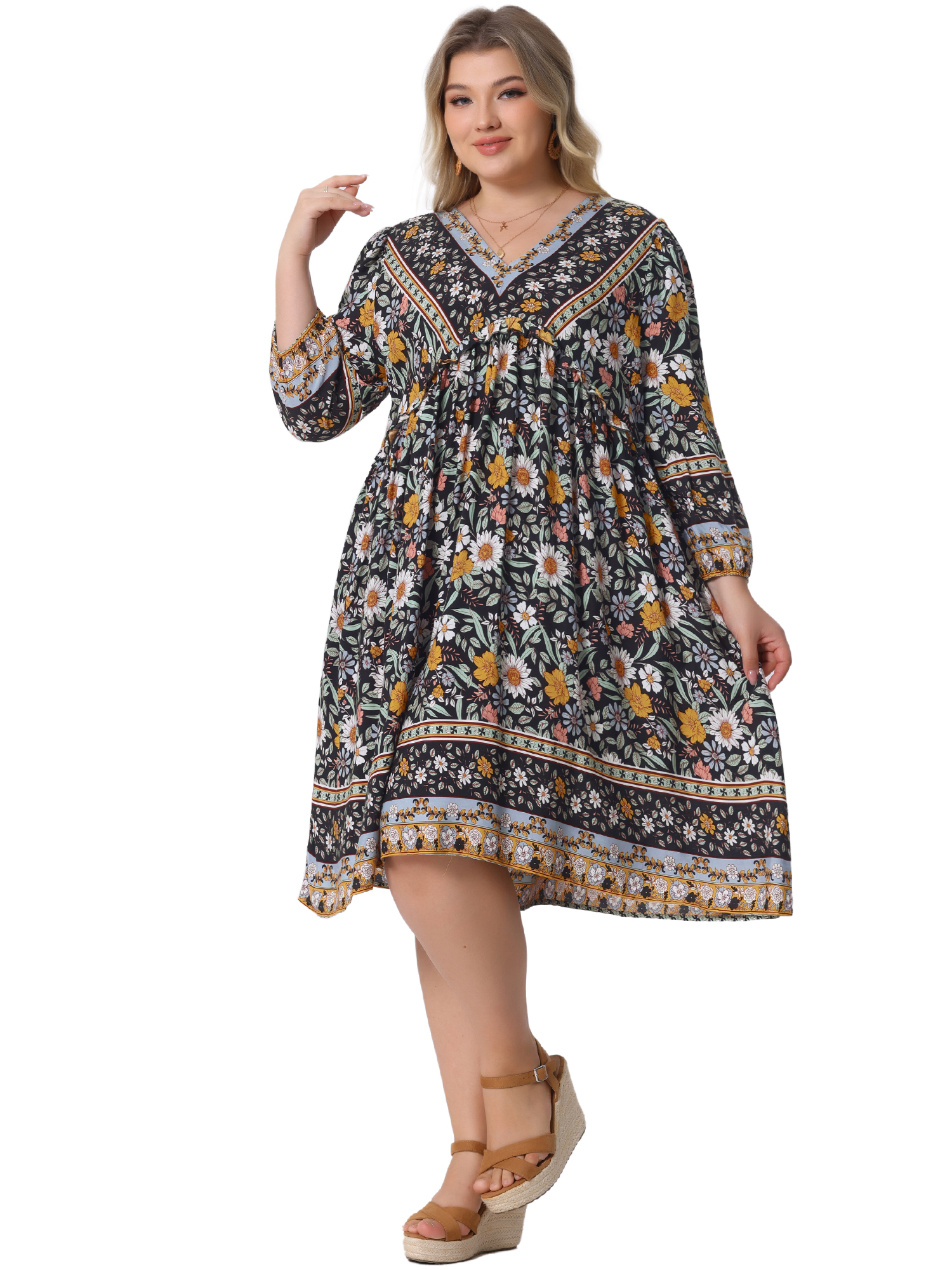DARING DIVA Women's Plus Size Casual Boho Floral V Neck 3/4 Sleeve Dress 2X Black Yellow