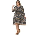 thumbnail image 3 of DARING DIVA Plus Size Casual Boho Floral V Neck 3/4 Sleeve Dress 2X Black Yellow, 3 of 6