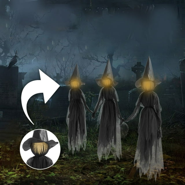 3 Pcs Halloween Light-Up Witches 59.1 Inch Halloween Yard Decorations with LED Lights, Voice Control Witch Glowing Head Waterproof Life Size for Outside Home Party Decor
