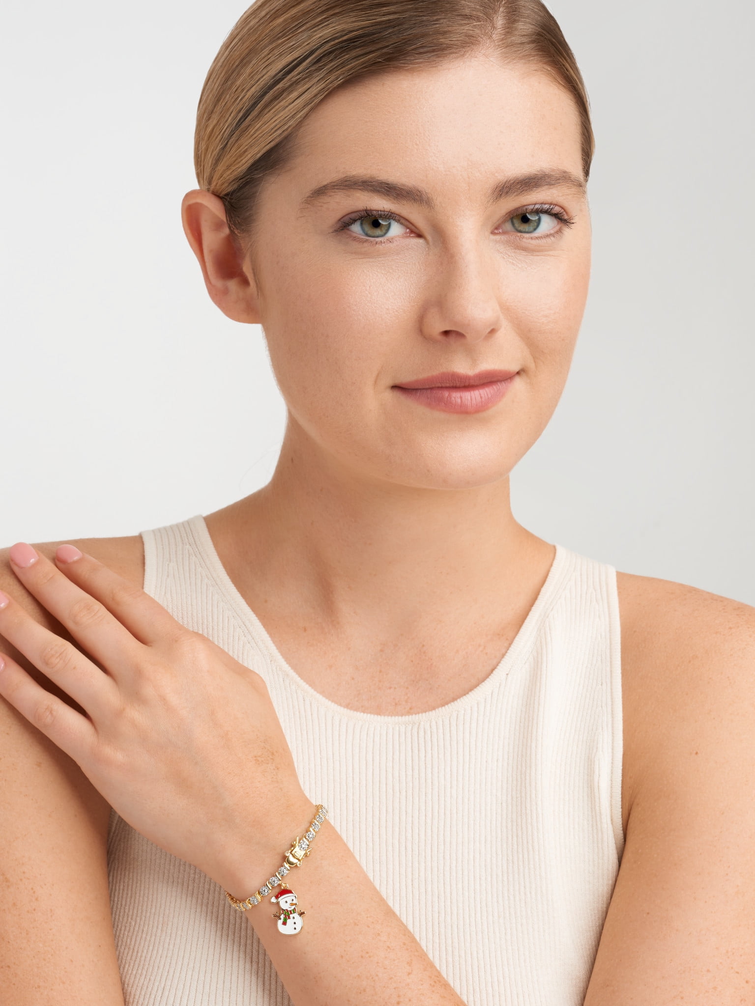Fine Silver Plated Diamond Accent "S" Link Gold Tone Tennis Bracelet With Enamel Snowman Charm 7.25"