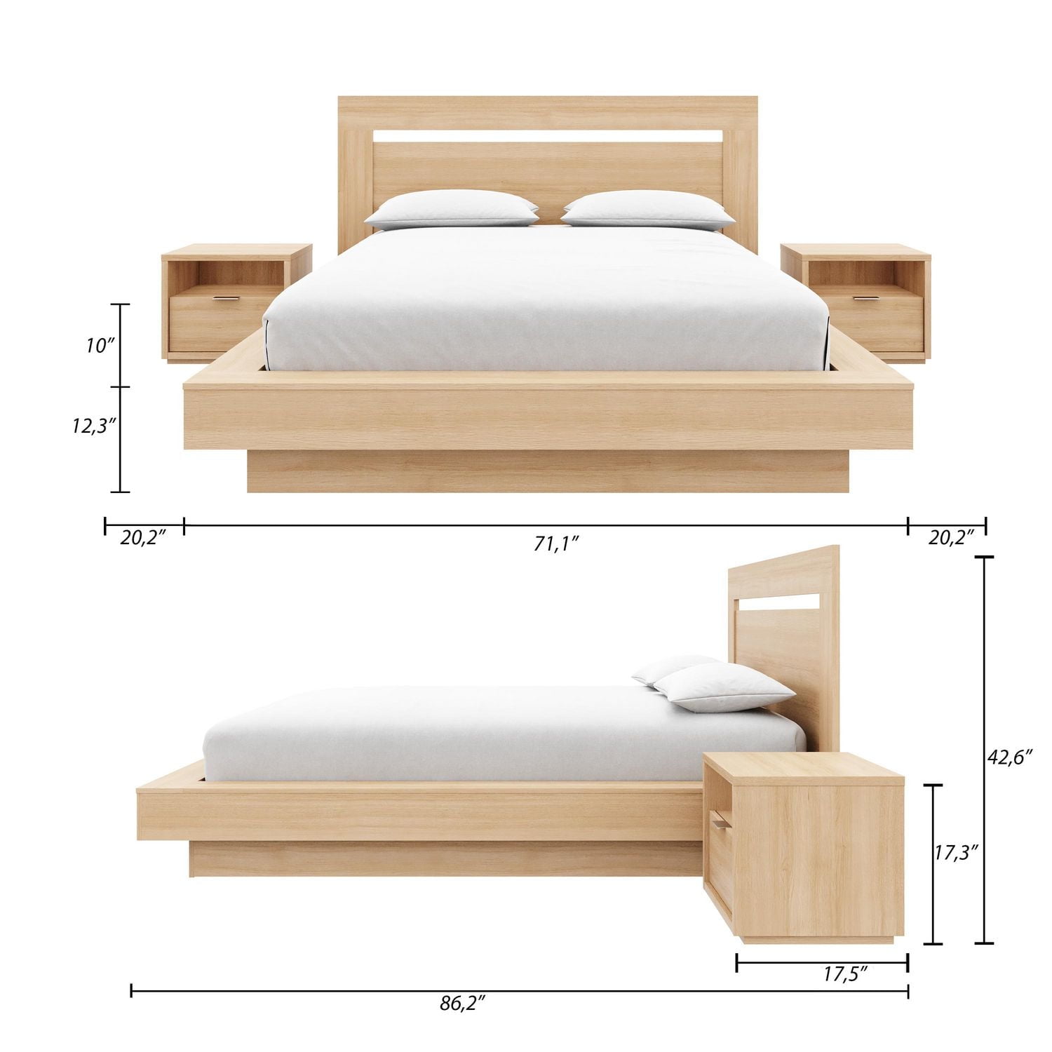 Ensemble de chambre à coucher Stanley 4 pièces avec tête de lit, sommier à lattes et 2 tables de chevet