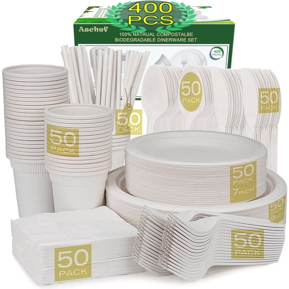 400pcs Eco-Friendly Disposable Paper Plates Bulk and Cups Napkins Cutlery Sets Non-Plastic Biodegradable Compostable Dinnerware for Dessert Dinner Birthday Party (50 Guest)