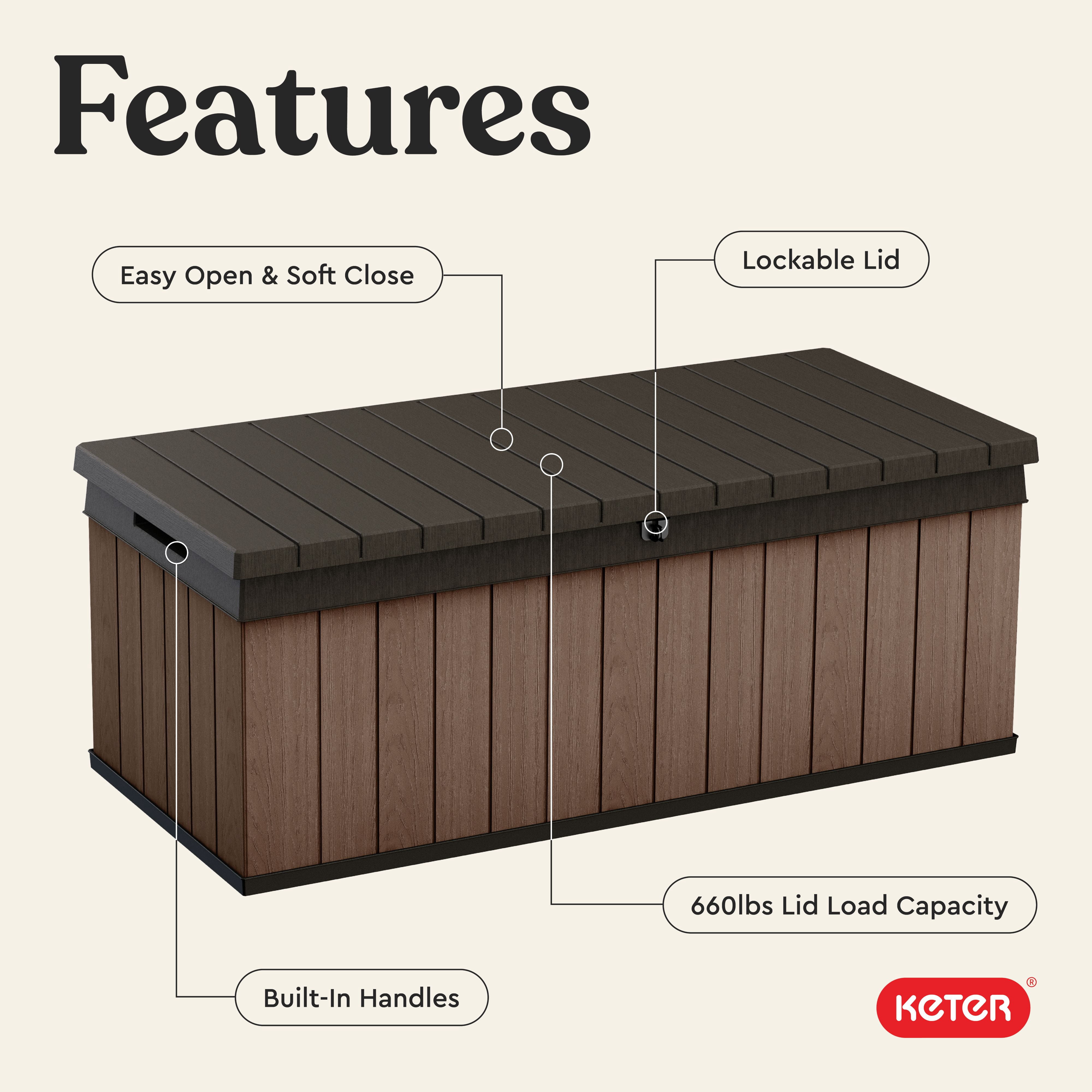 Keter Darwin 100 Gallon Resin Large Deck Box - Organization and Storage for Patio Furniture, Outdoor Cushions, Garden Tools and Pool Toys, Brown