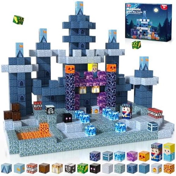 100PCS Magnetic Blocks - Magnet Building Blocks, Stacking Magents Cubes Toys Blue Castle Set, STEM Montessori Sensory Toys for Kids Boys and Girls Ages 3 4 5 6 7 8 9 Christmas Birthday Gifts