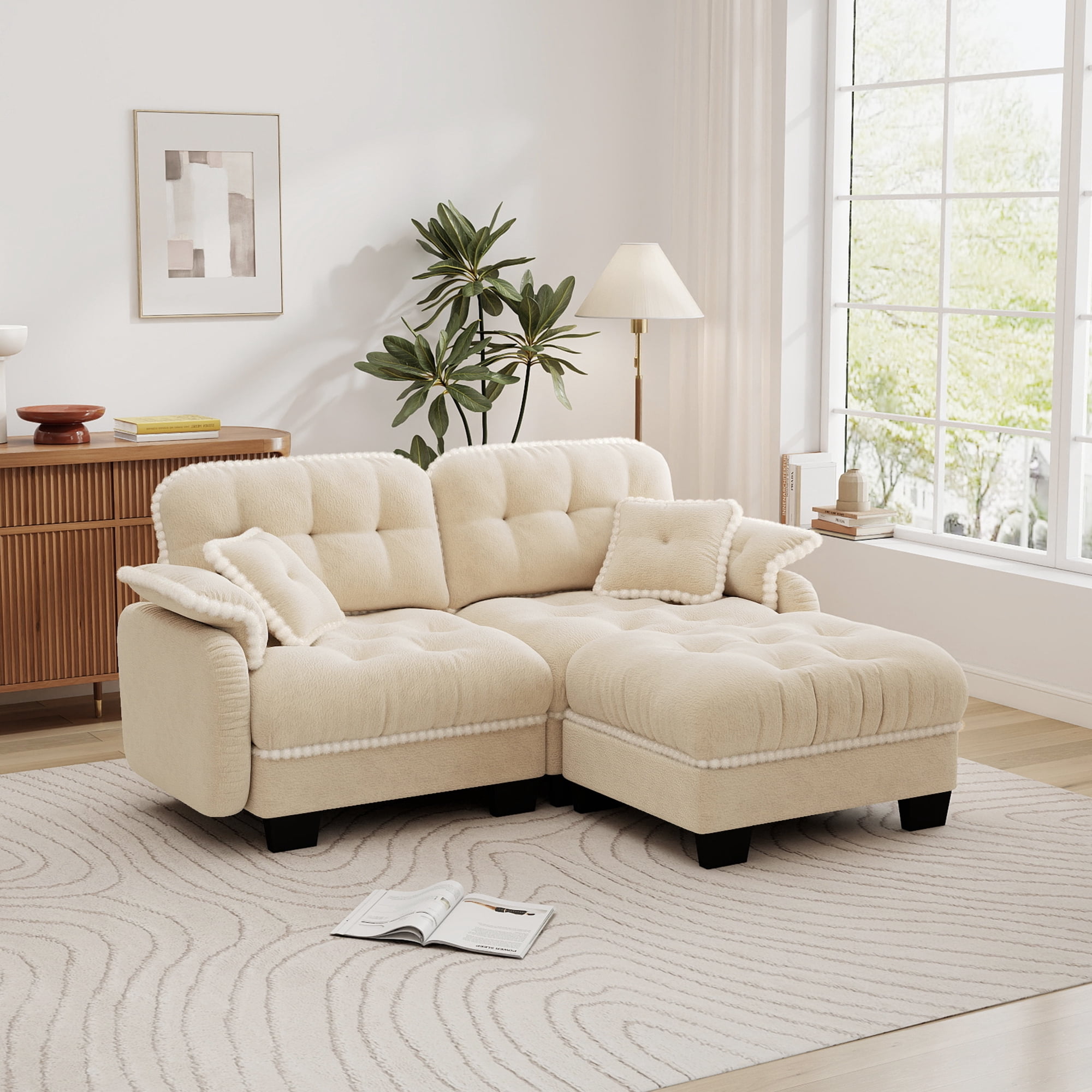Aenkyo 70" Chenille Modular L-Shaped Sectional Sofa with Movable Ottoman, 23.8" Deep Seat, Beige