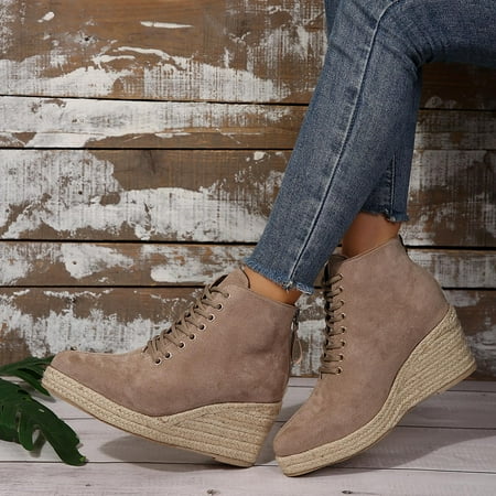 

YOUSNH Ladies Solid Colour Pointed Toe Slope Heel Boots Women Straw Rope Sole Back Zip Womens Boots Khaki 8.5