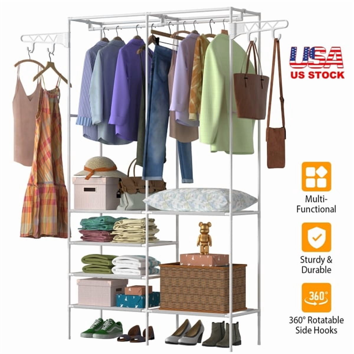 White Heavy Duty 66" Garment Rack Clothes Organizer - 2 Hanging Rods, 4 Shelves, 360° Hooks, Tool-Free Assembly for Bedroom & Laundry Room Storage
