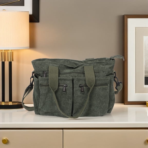 ELAYARD Spacious Green Corduroy Tote Bag for Women with Adjustable Strap Vintage Style Casual Everyday Shoulder Bag