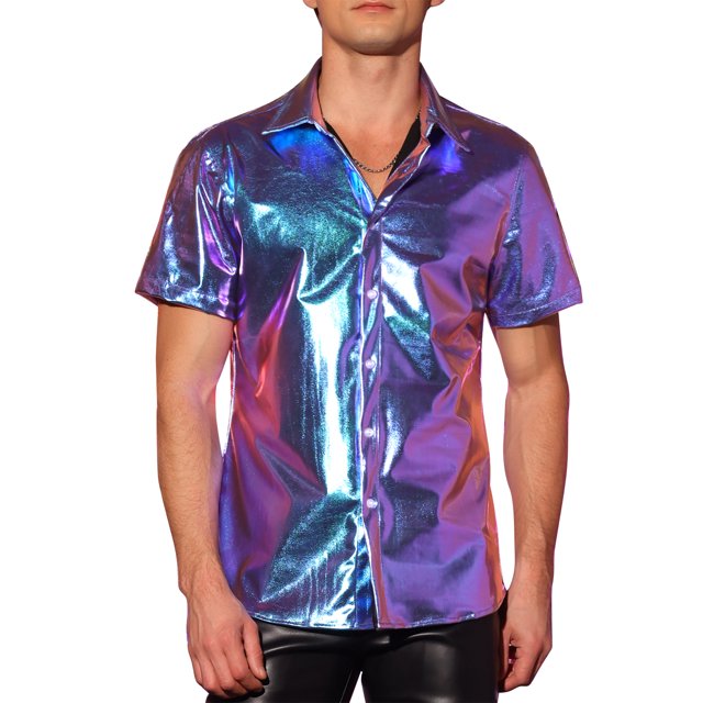 Camisetas Holográficas INSPIRE CHIC para hombres, cuello redondo, de manga corta, tops metálicos morados 2XL
