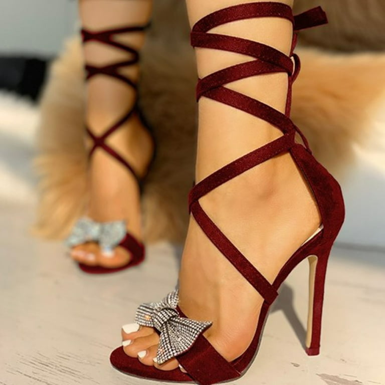 Porfeet Glitter Bow Crisscross Open Toe Thin Heeled Sandals Single
