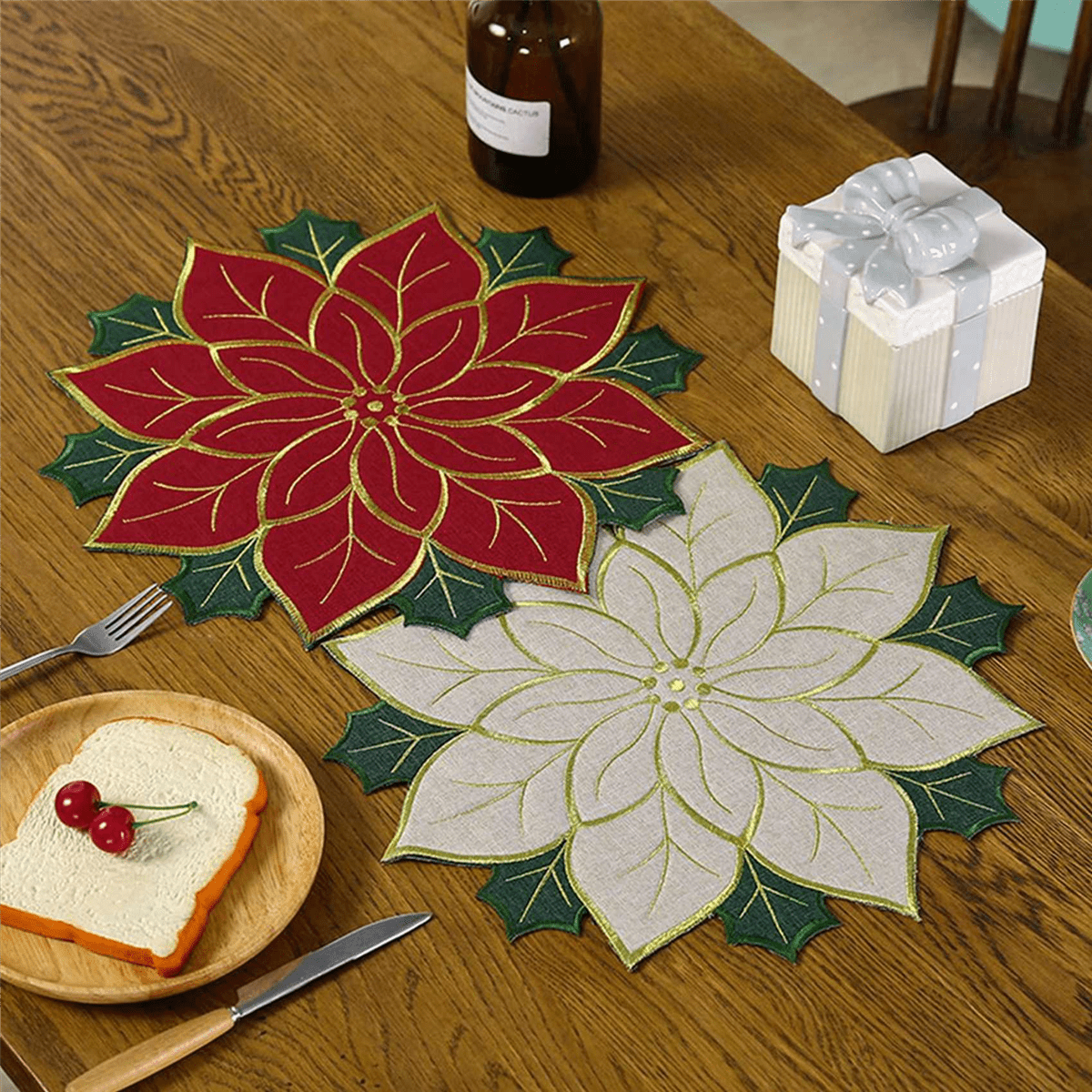 8X Holiday Christmas Embroidered Placemats Applique Poinsettia Placemats Christmas Flower Placemat A