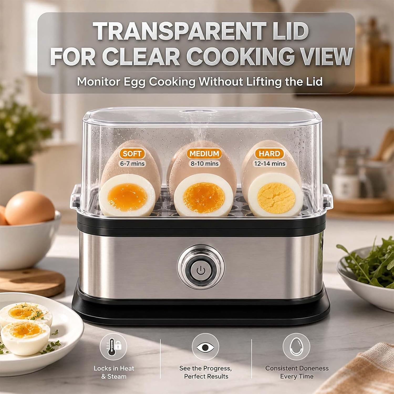 Multifunctional Egg Steamer with Clear Lid, 6 Capacity Electric Egg Cooker for Hard Boiled Eggs | Rapid 360° Steamer with Auto Shut-Off, Compact Metal Design for RV, Dorms & Fitness Meal Prep (1Pcs)