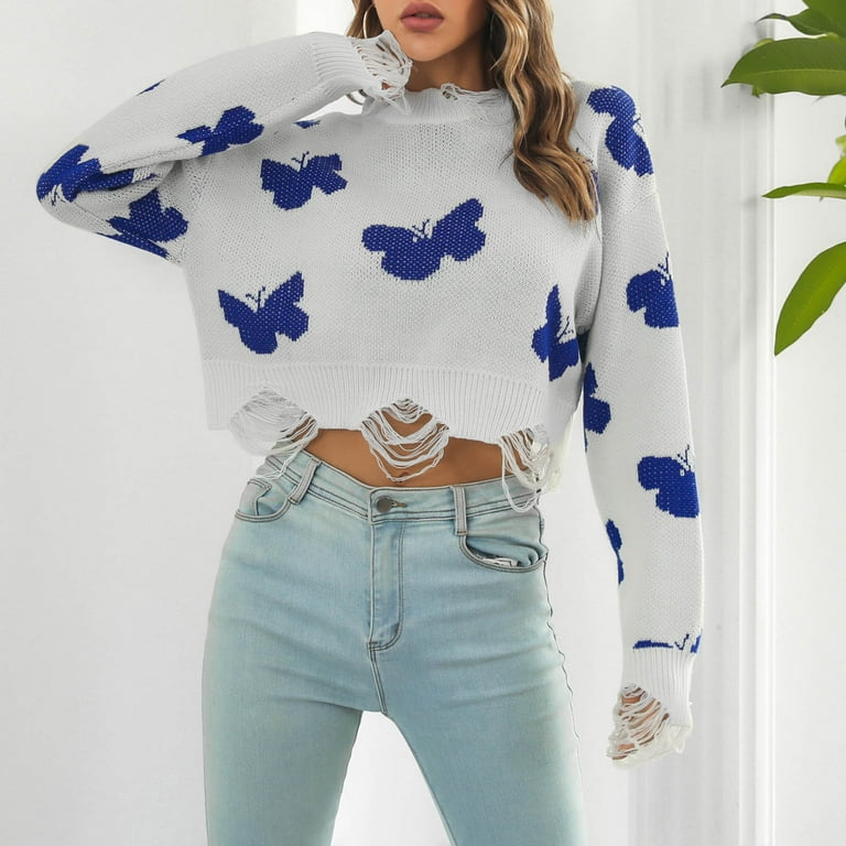 Big Sweaters For Women, Ladies Fashion Hole Butterfly Autumn And Winter  Long Sleeve Knit Sweater Short Top Women Jersey Para Mujer