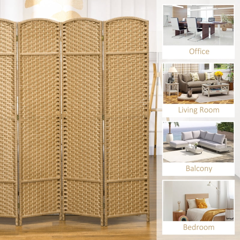Alvantor 4-Panel Folding Privacy Screen with Hand-Woven PP Panels, Freestanding Room Divider 63"x0.6"x66.9"Nature Wood