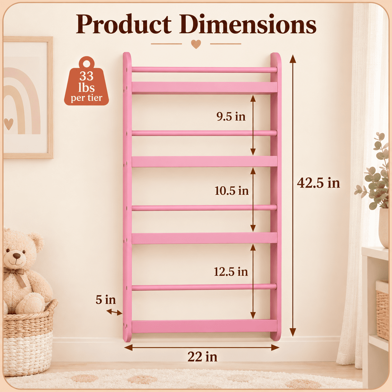 Furnibear 4-Tier Wall Bookshelf for Kids, Front-Facing Nursery Bookcase with Display Shelves for Books and Toys, Space-Saving Bedroom Storage, Pink