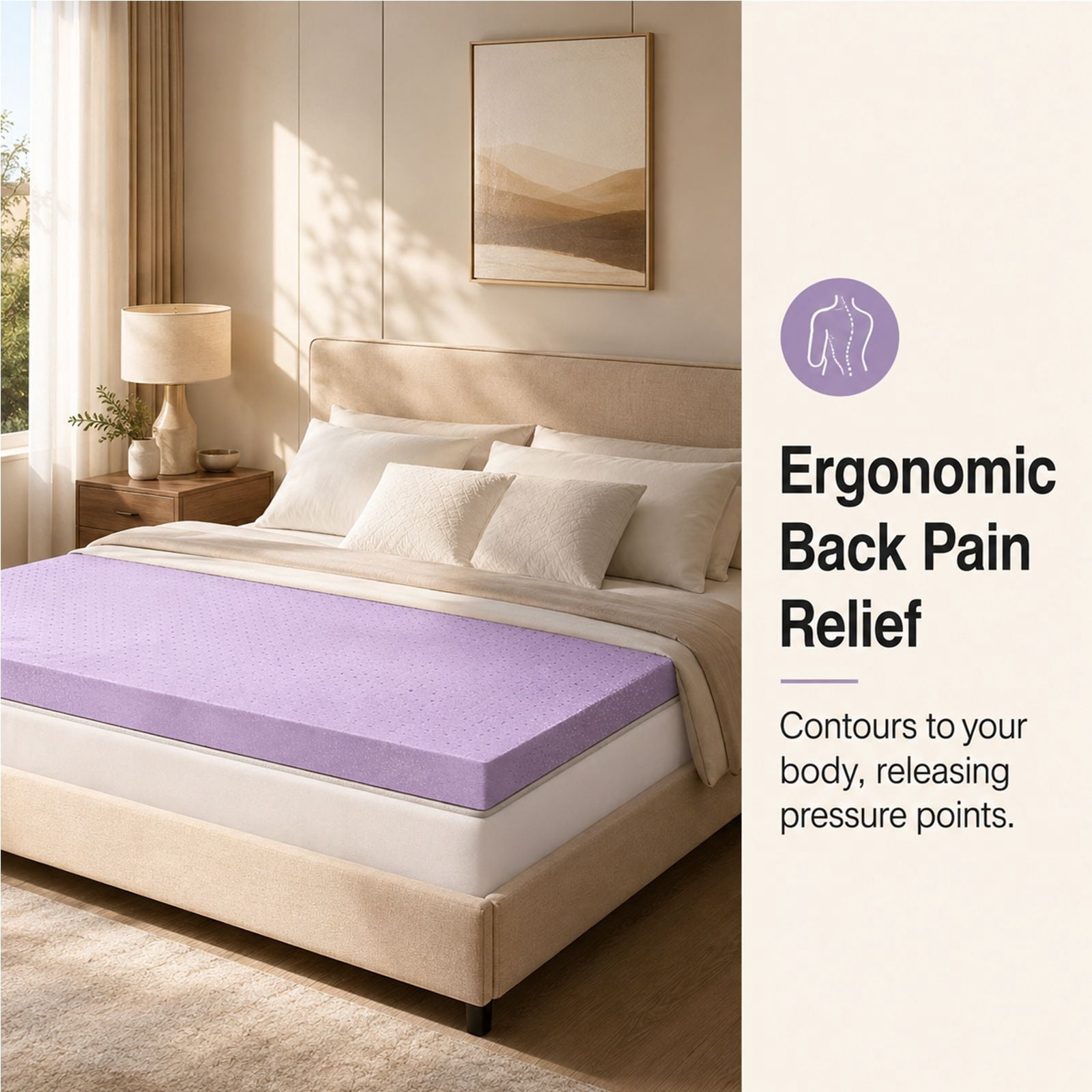 Alvantor 2 Inch Gel Memory Foam Mattress Topper, Ventilated Soft Pressure Relieve Mattress Pad, Breathable Bed Topper, Home Essential, Suitable for All Ages, Purple