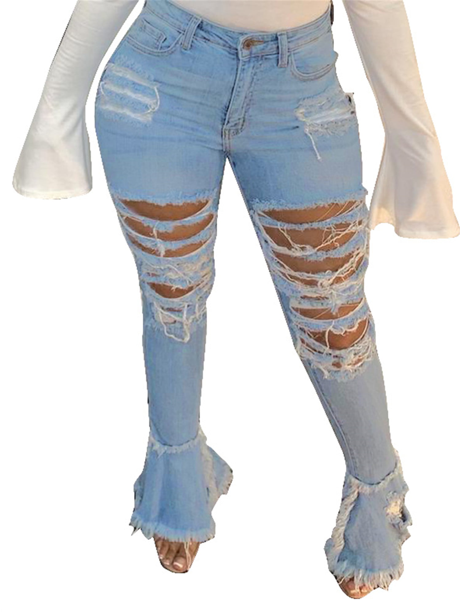 Aunavey Skinny Ripped Bell Bottom Jeans 
