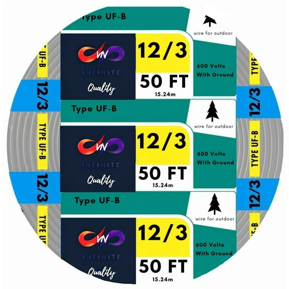 Electrical Wire 12/3 UF-B Underground Feeder and Branch Circuit Cable, Gray Cable  Outdoor and Indoor Wire 50ft
