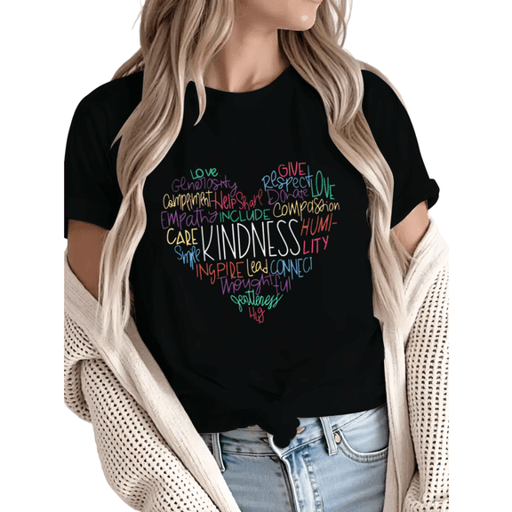 Giffimy Women Kindness Heart Graphic Tees T-Shirt Tops Softstyle Cotton Round Neck T-Shirt Black S-5XL