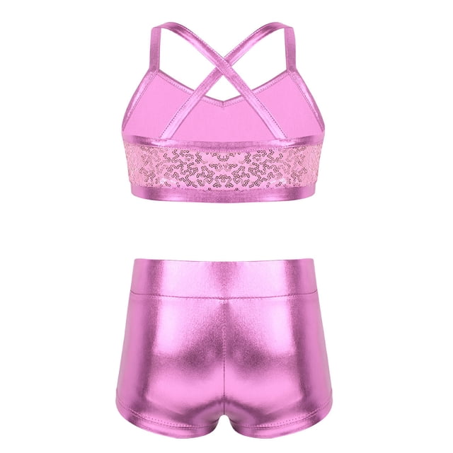 Haitryli Girls' Kids 2-Piece Active Set Dance Sport Outfits Racer Back Top and Booty Short Gymnastics Dancing Clothes Pink Sequins 6