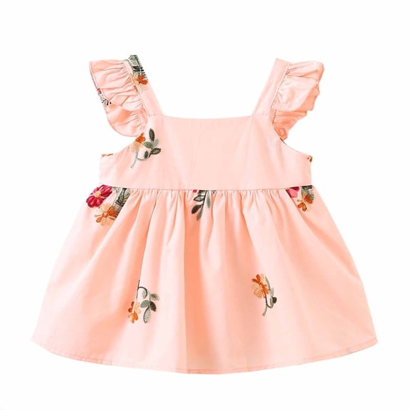 Toddler Cotton Cute Dresses for Girls Flutter Embroidered Floral Dresses Babydoll Square Neck Sweet Princess Summer Outfits, Pink, 3 Years