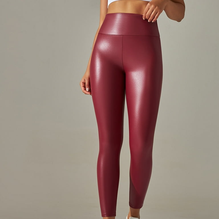 VSSSJ Women's Leather Leggings Plus Size Solid Color High Waist Butt  Lifting Tight Trousers Fashion Thin Lightweight Gym Workout Long Pants Red  XXL