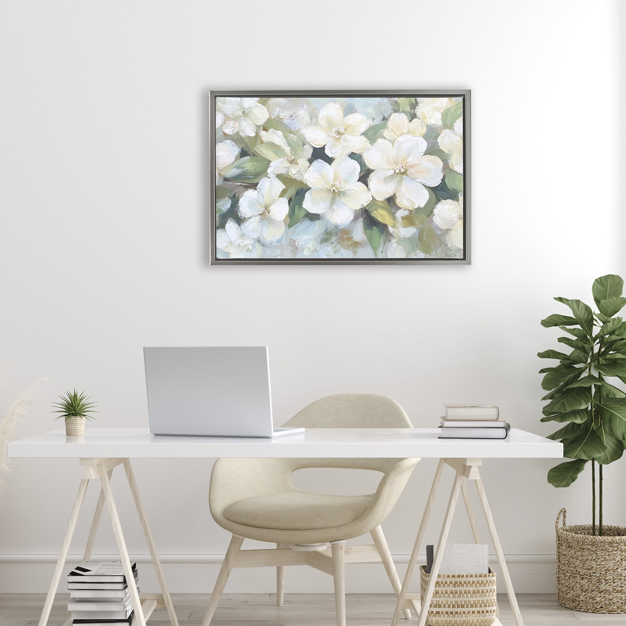 Stupell Industries Painted White Flowers in Leaves Gray Framed Floater Canvas Wall Art, design by Petal Prints Design