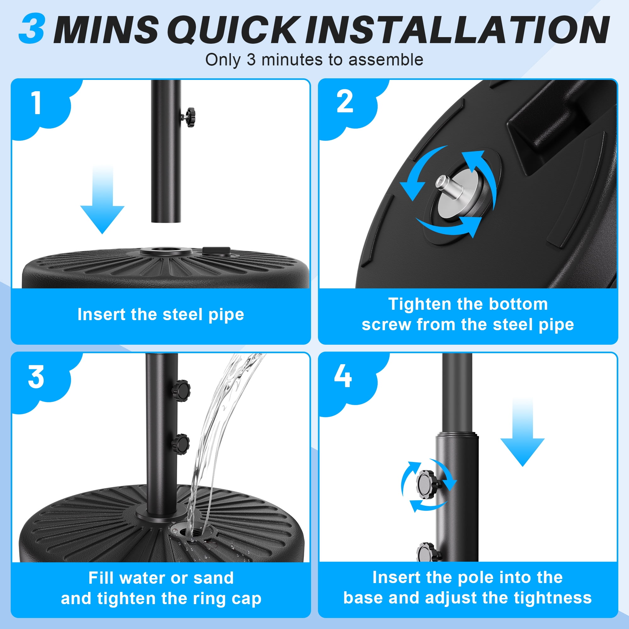 Easthome Heavy Duty Fillable Patio Umbrella Base with Dual-Lock System, Holds up to 81.5 lbs for 7-12FT Market Umbrella, Sand/Water Weighted Stand for Outdoor, Fits 1.5" & 1.9" Pole