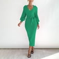 thumbnail image 2 of IROINNID Sweater Dress for Women V Neck Sweater Dress Puff Long Sleeve Slim Fit Bodycon Fall Winter Ribbed Knit Dresses ,Green, 2 of 9