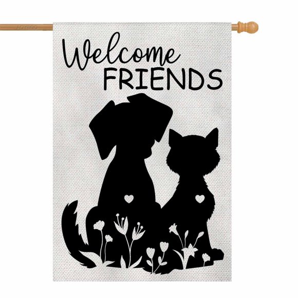 Bandera AOYEGO Welcome Friends House, 28 x 40 cm, con corte de arpillera y perro